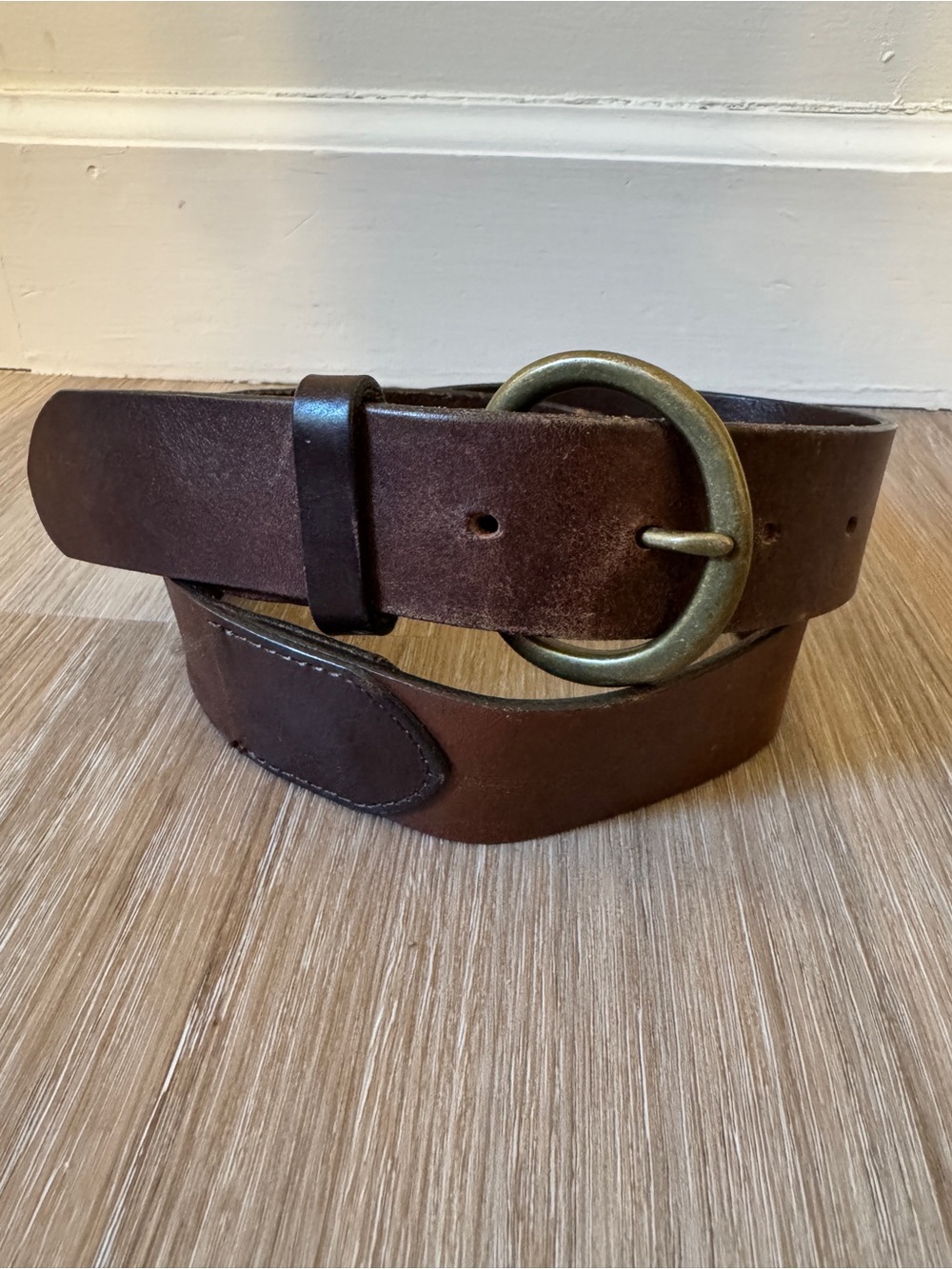 Vintage Brown Genuine Leather Belt Solid Brass Round Buckle Rustic Western 35”